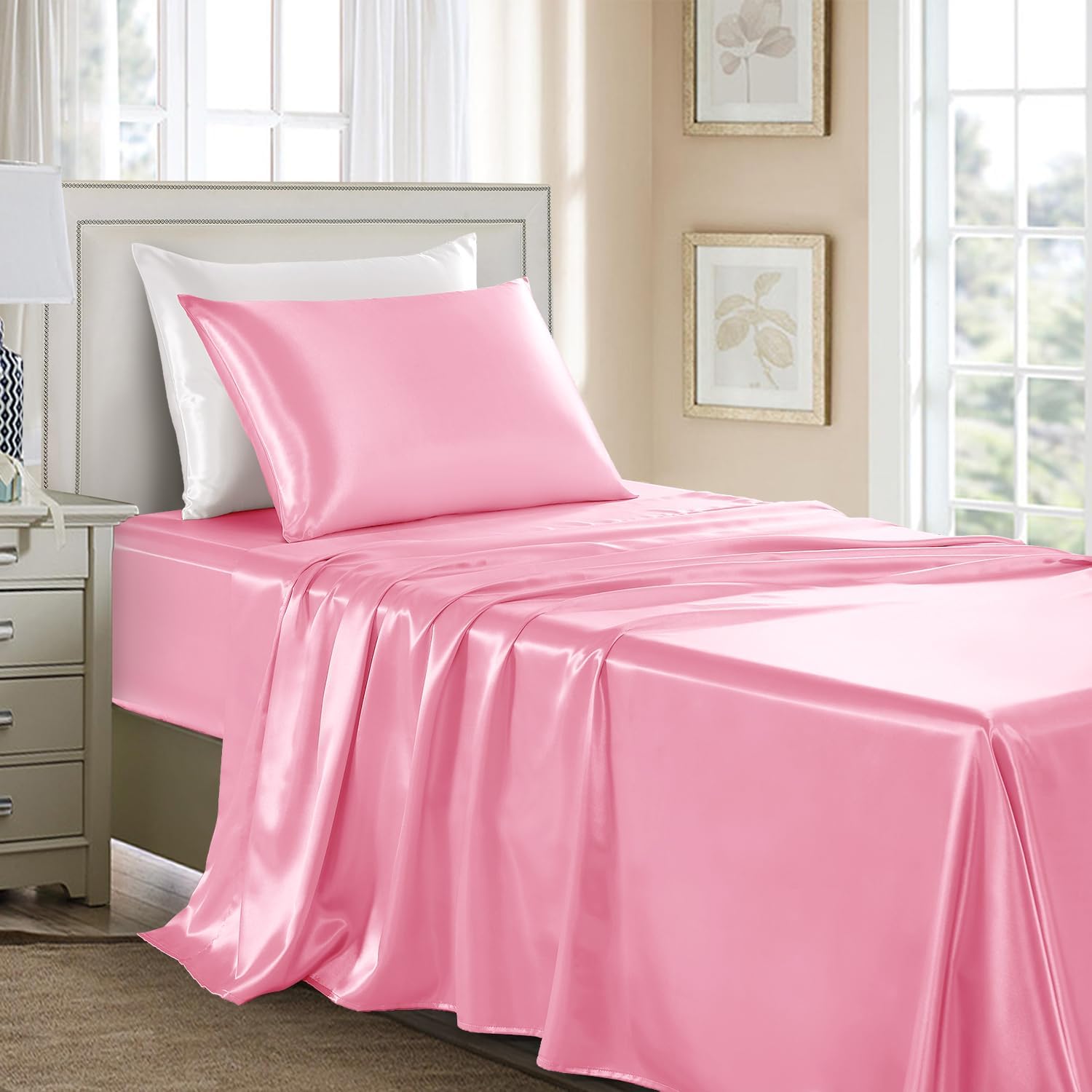 Buy now Satin Sheets King Size - 4 Pieces Luxury Silky Soft Bed Sheets, Wrinkle-Free Gold Satin Silk Sheet Set with 1 Deep Pocket Fitted Sheet, 1 Flat Sheet, 2 Pillow Cases Twin XL Light Pink at indiglob india