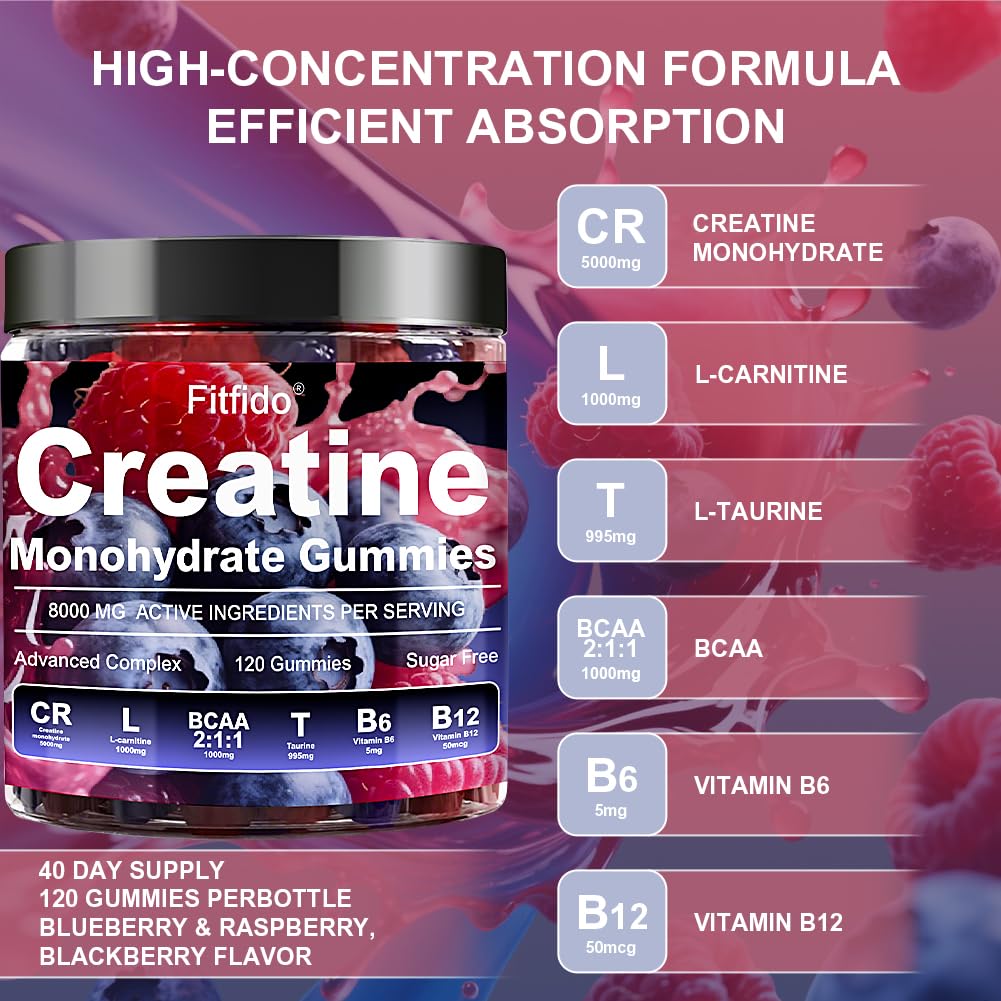 Creatine Monohydrate Gummies 5000mg with L-Carnitine, 120 Count | Containing Taurine for Women & Men, Build Muscle, Boost Energy, Faster Recovery, Sugar Free, Vegan, Raspberry & Blackberry