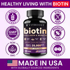 VITBOOST Biotin with Hyaluronic Acid, Collagen and Keratin - 60Ct, 25000mcg | Hair Growth Vitamins for Men and Women - Nails and Skin, USA Made - Third Party Tested, B1, B2, B3, B6, B7 Complex
