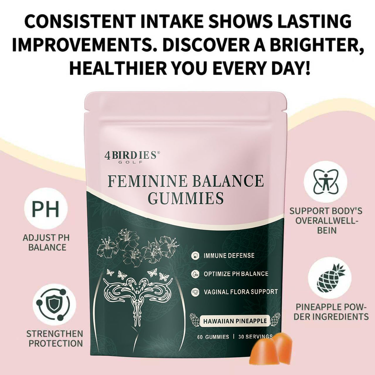 Premium Feminine Balance Gummies for Women's Health, Hawaiian Pineapple Gummies for Women Vaginal Probiotic & pH Balance Support - Vegan - Healthy Odor - Gluten-Free - 60 Count
