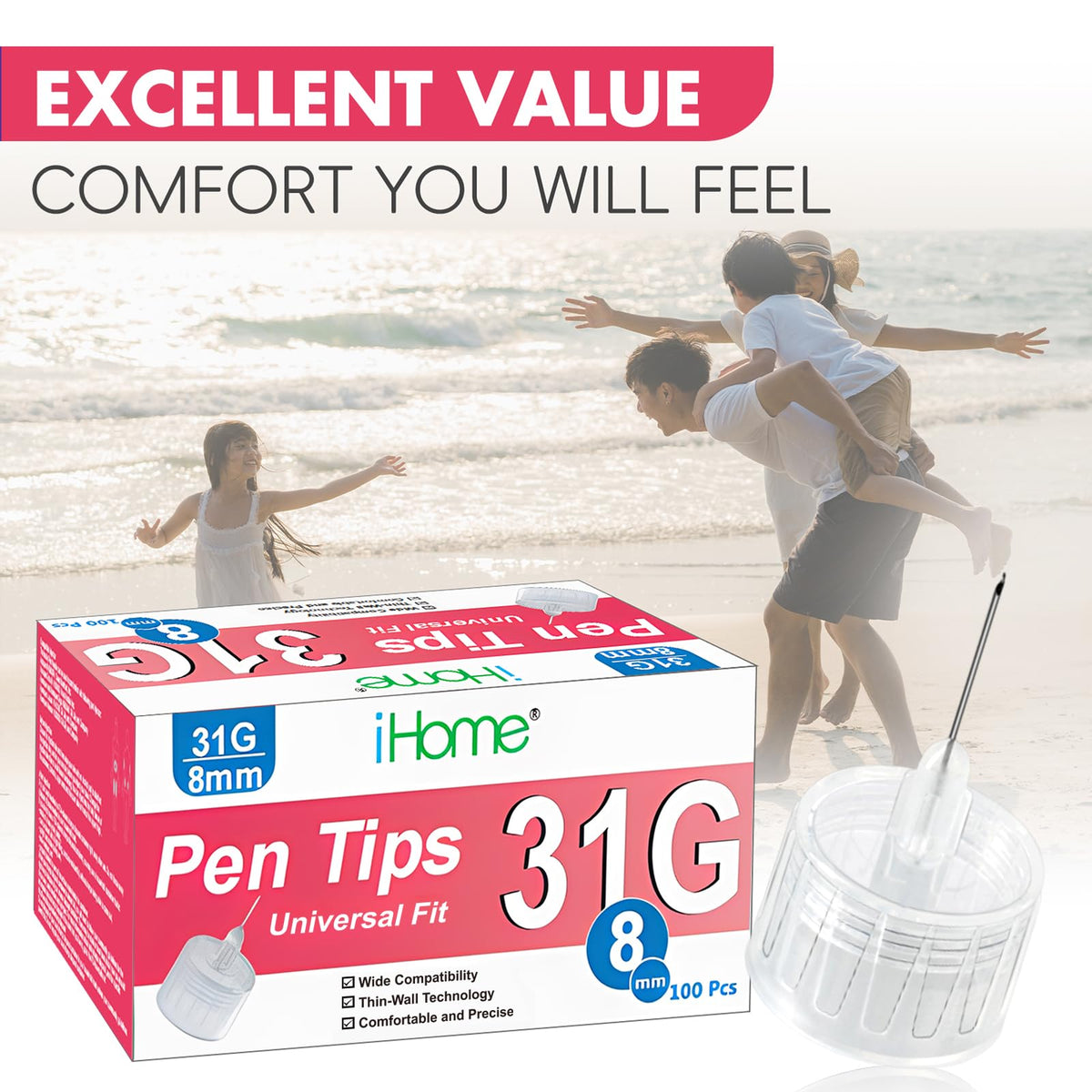 iHome Pen Tips 31G x 8mm Universal Fit, 100 Count Comfortable