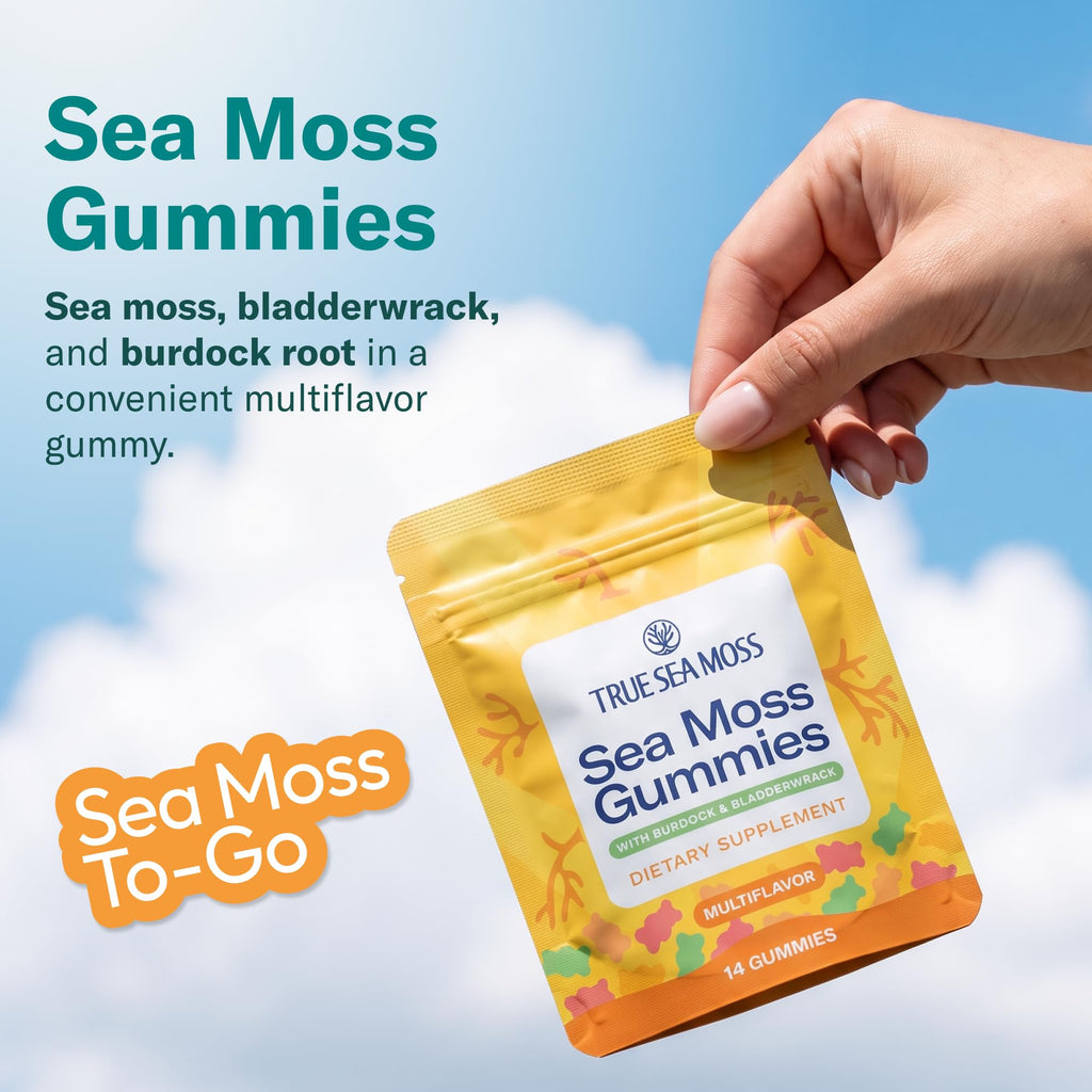 TrueSeaMoss Gummies Sample – 1200mg Irish Sea Moss + Bladderwrack & Burdock Root – Travel-Size, Fruity – 14 Gummies – Easy On-the-Go Wellness