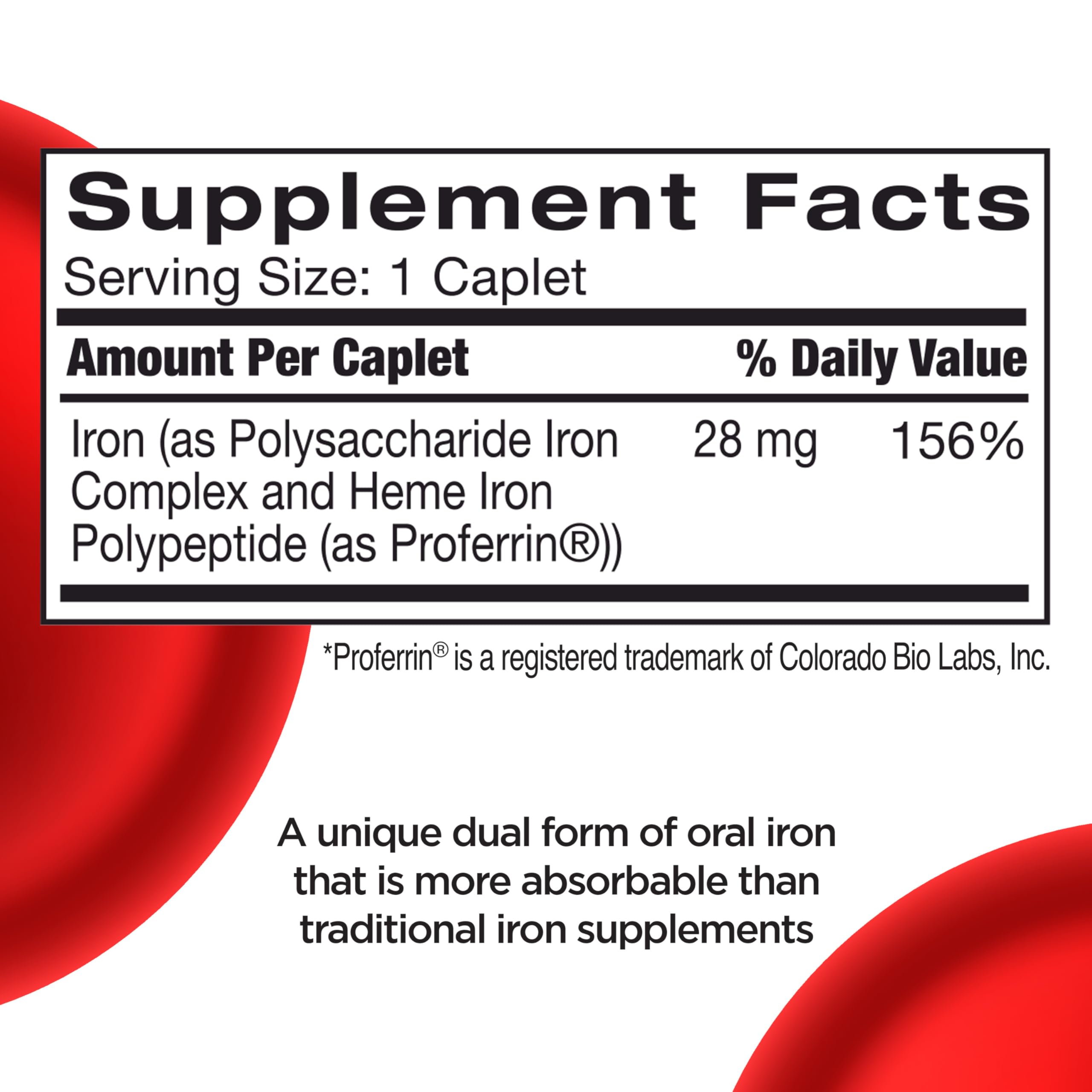 Feosol Complete Iron Supplement Caplets, Bifera Iron for High Absorption, Heme and Non-Heme Dual Action Minimizes Side Effects, 1 Per Day, for Energy and Immune System Support, Made in USA, 30 Count