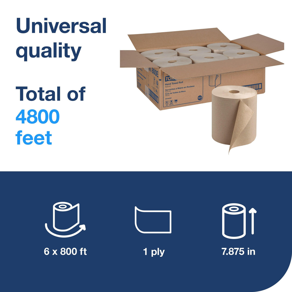 Tork Paper Towel Roll Natural - Universal Hand Roll, Natural Paper Towels with Brown Tissues made of 100% Recycled Fiber, 6 Rolls x 800 ft, Compatible with H21 Dispenser, RK800E