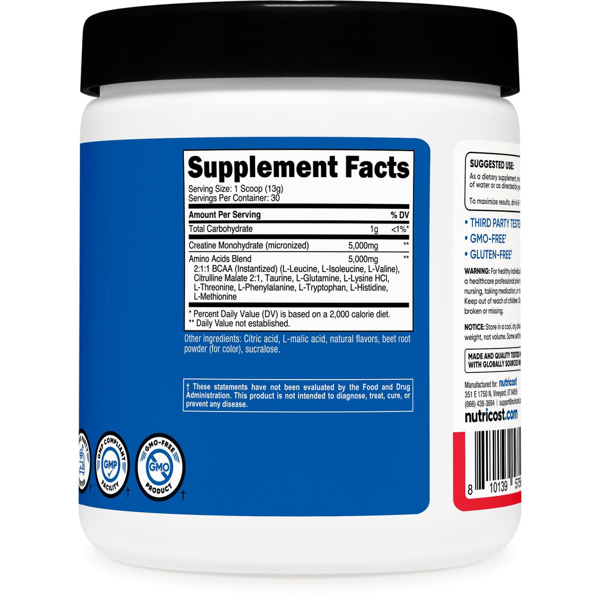 Nutricost Creatine + Aminos BCAA Blend (Fruit Punch Flavored) 30 Servings