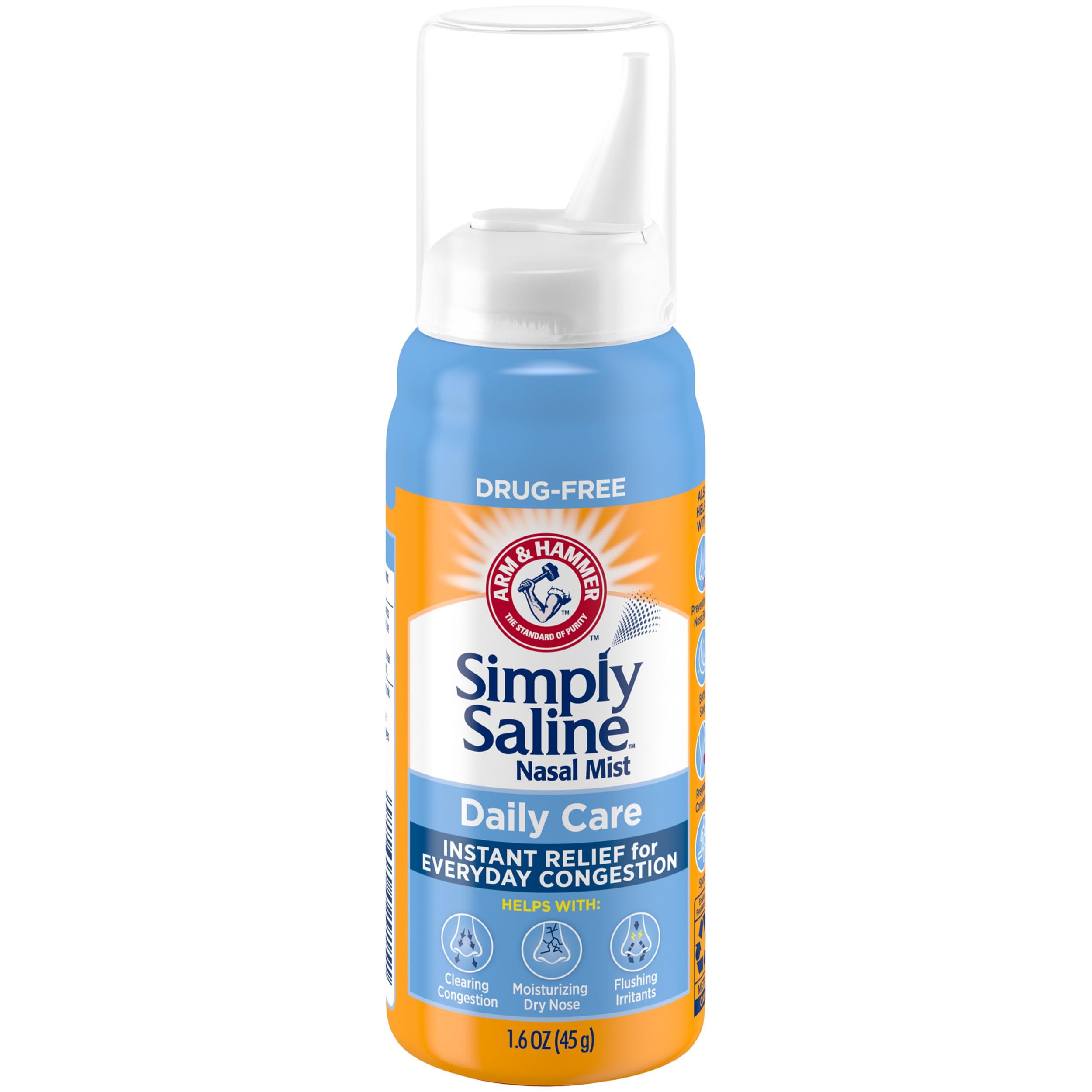 Buy now ARM & HAMMER Simply Saline Daily Care Nasal Mist, Drug-Free Non-Drowsy Saline Spray for Instant Nasal Congestion and Allergy Relief, Use as Often as Needed, Suitable to Use if Pregnant, 1.6 oz at indiglob india