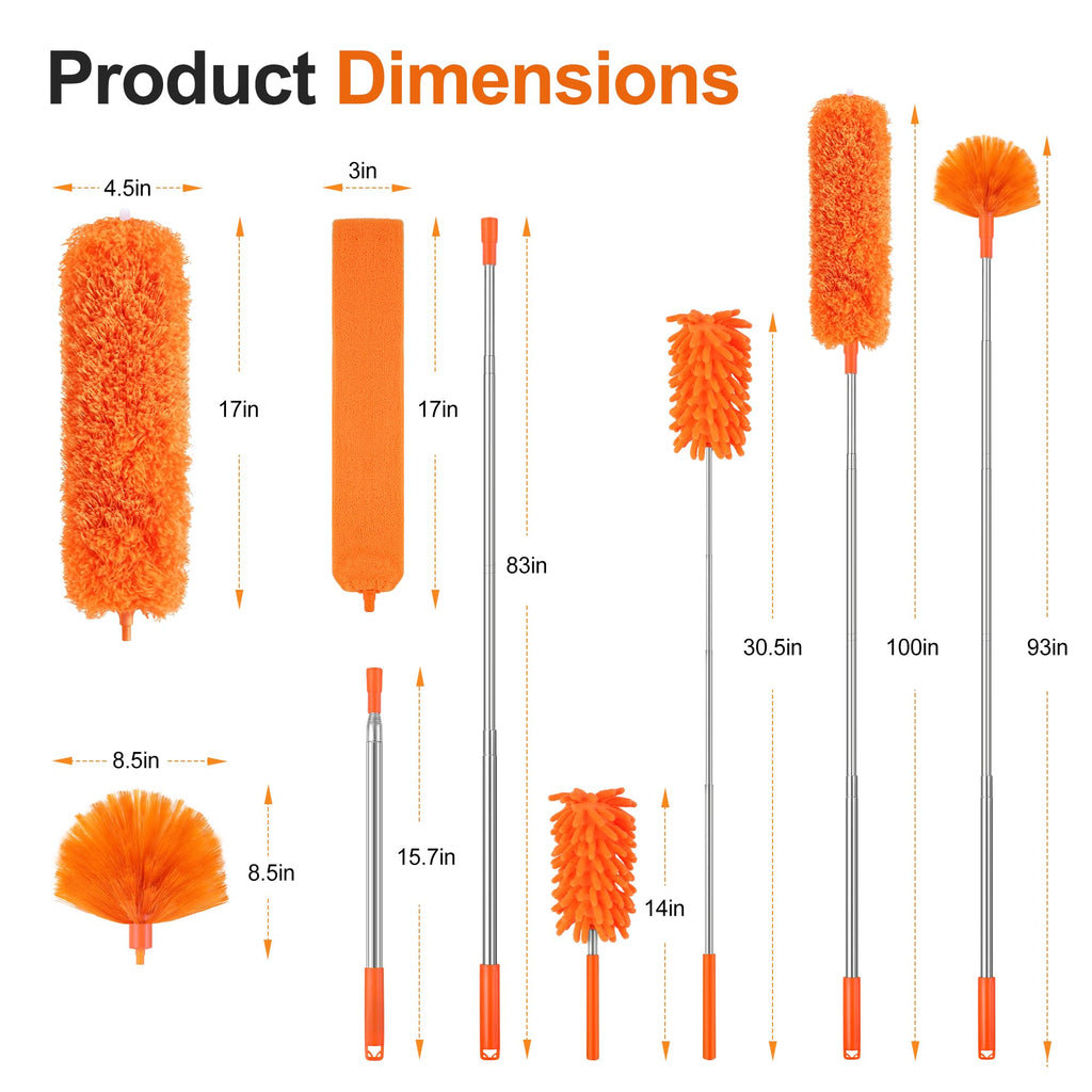 Cobweb Duster with Extension Pole, Pole5-Piece Spider Web Brush with Pole Kit, 100" Telescoping Microfiber Feather Dusters for Cleaning, Bendable Washable Dusters for High Ceilings, Ceiling Fans
