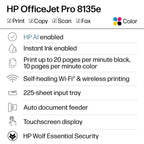 HP OfficeJet Pro 8135e Wireless All-in-One Color Inkjet Printer, Print, scan, Copy, fax, ADF, Duplex Printing Best-for-Home Office, 3 Month Instant Ink Trial Included, AI-Enabled (40Q35A)