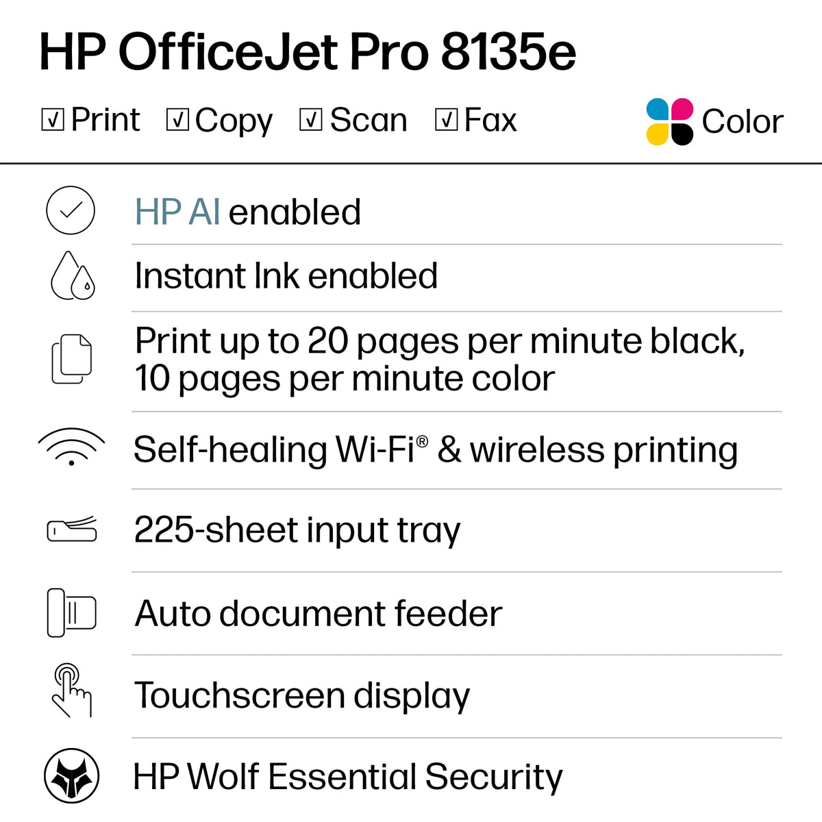 HP OfficeJet Pro 8135e Wireless All-in-One Color Inkjet Printer, Print, scan, Copy, fax, ADF, Duplex Printing Best-for-Home Office, 3 Month Instant Ink Trial Included, AI-Enabled (40Q35A)