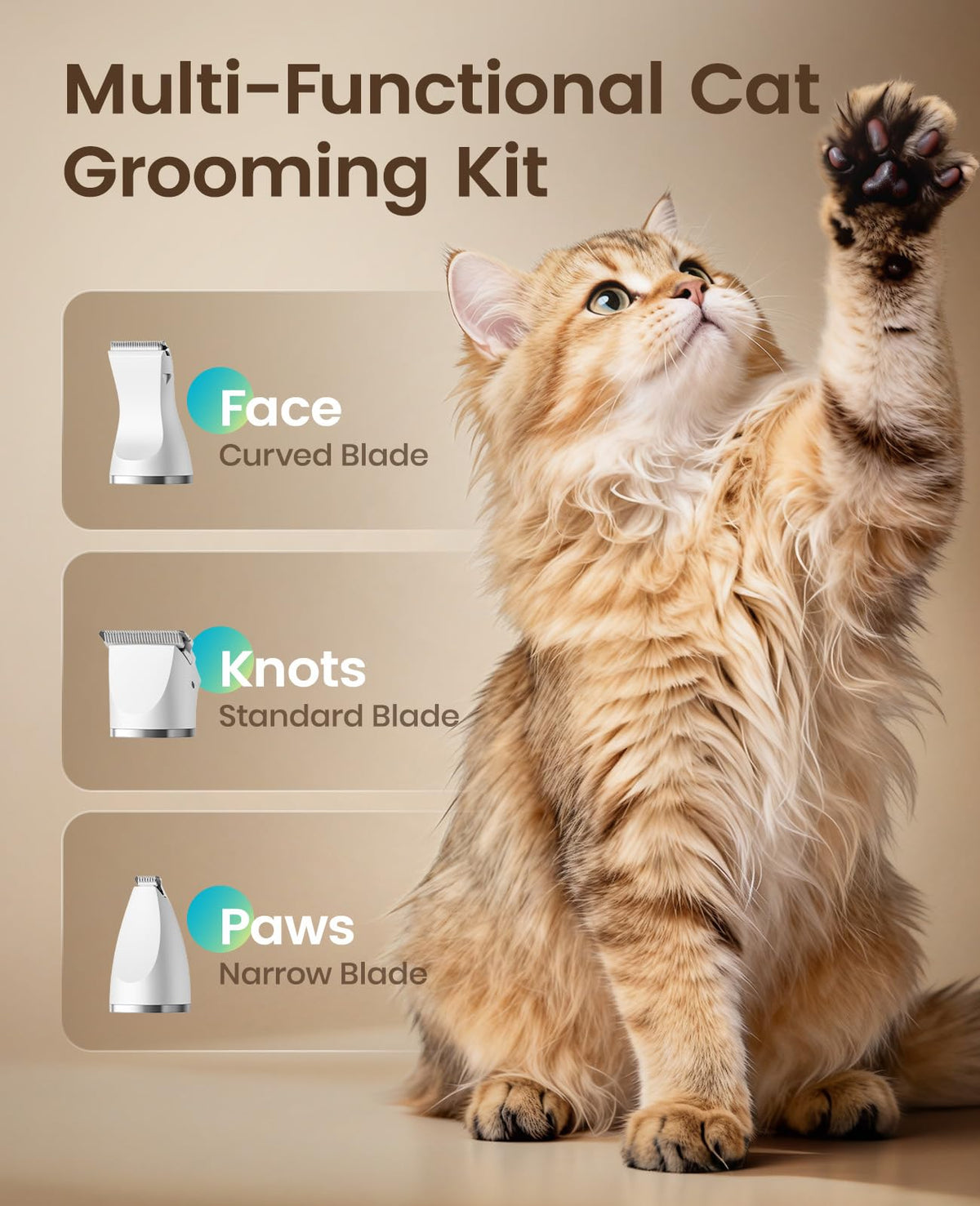 oneisall Quiet Cat Clippers for Matted Hair, 3 in 1 Cat Grooming Kit