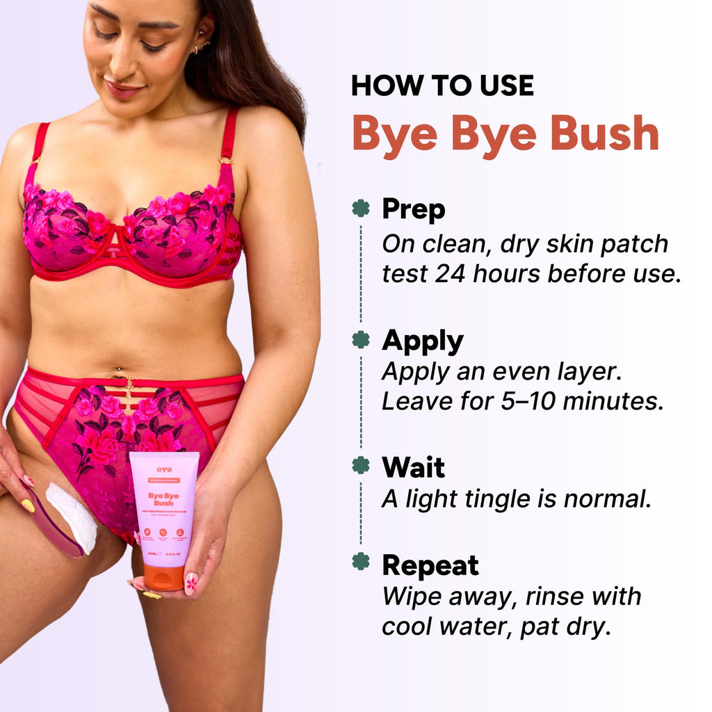 OYO Bye Bye Bush Pubic Hair Removal Cream for Women, Private Area, Bikini Hair Removal for Women, Inner Thighs & Underarms, Sensitive Skin Depilatory Cream, Aloe & Cucumber, 5 fl oz