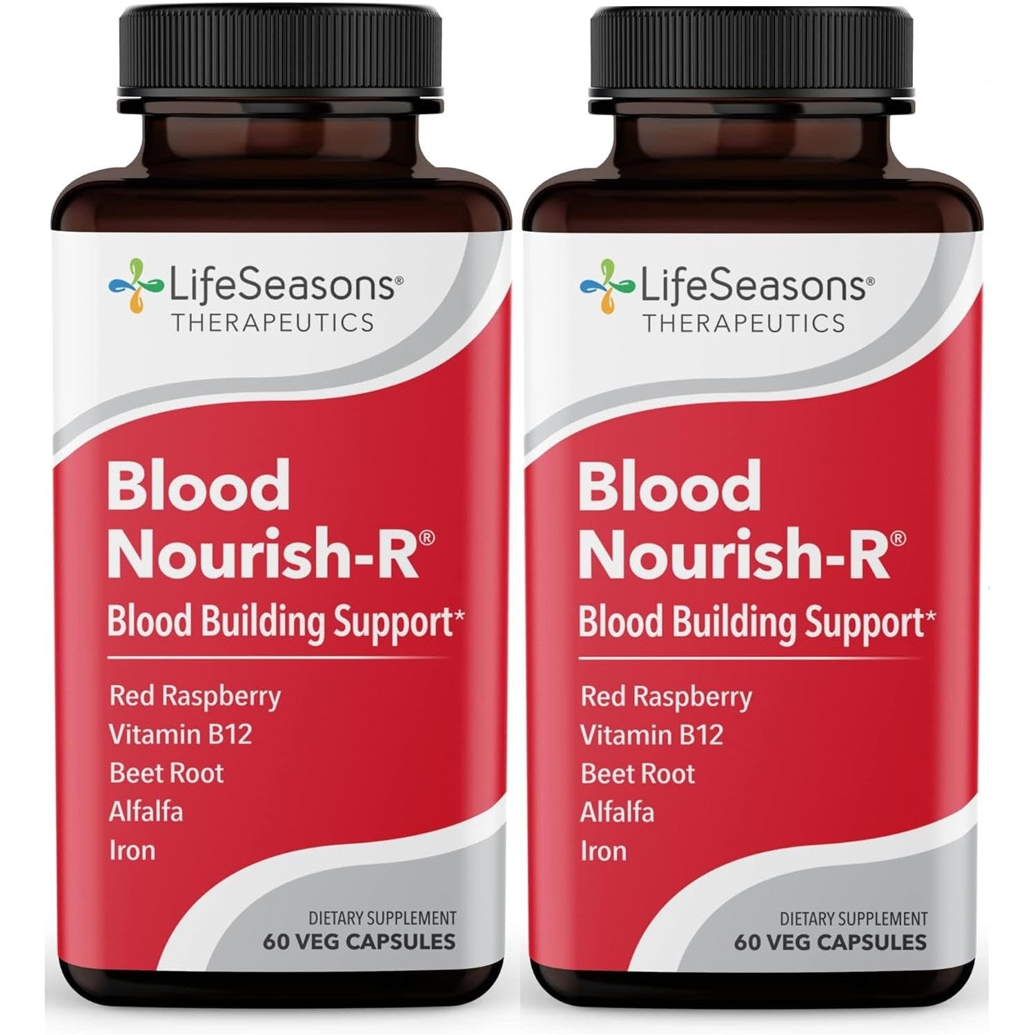 LifeSeasons Blood Nourish-R - Iron Supplement - Non Constipating - Supports Anemia, Fatigue, Paleness & Dizziness - Blood Building - Iron, Alfalfa, Raspberry & Vitamin B-12-60 Capsules (Pack of 2)