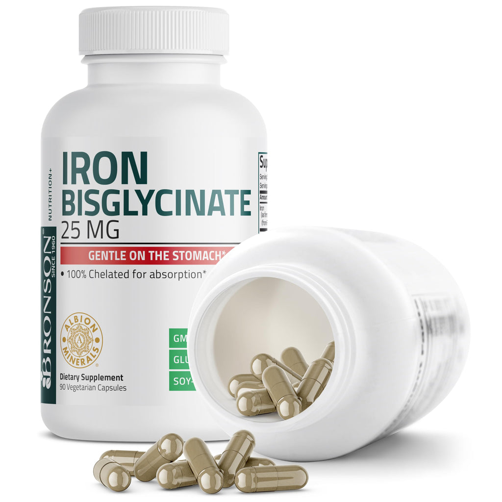 Bronson Iron Bisglycinate 25 mg, 90 Vegetarian Capsules | Gentle on the Stomach, Non-Constipating, Supports Energy & Red Blood Cell Production, Non-GMO, Gluten-Free & Soy-Free