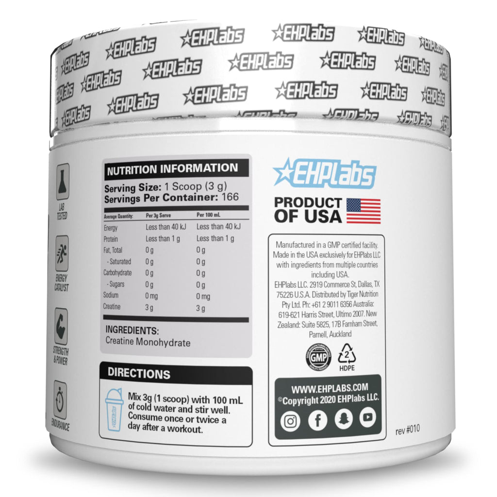 EHP Labs CREA-8 Creatine Monohydrate Powder, Unflavored, 100 Servings | Micronized Creatine For Muscle Growth, Strength & Energy. Mixes Easily, No Clumping. Pre Or Post Workout. 500g