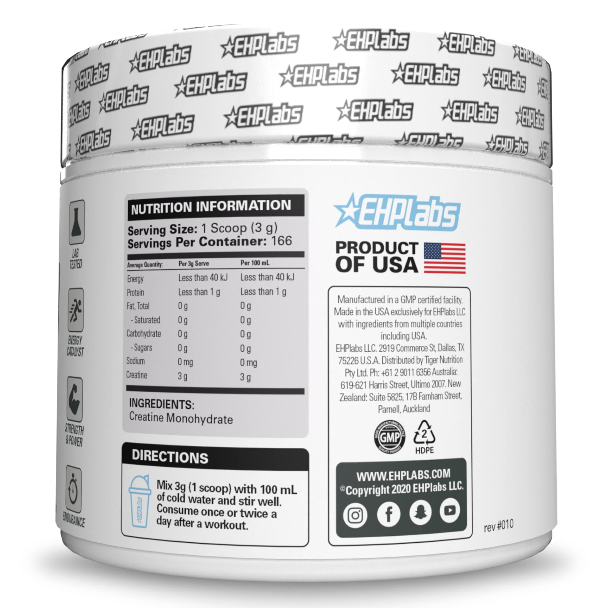 EHP Labs CREA-8 Creatine Monohydrate Powder, Unflavored, 100 Servings | Micronized Creatine For Muscle Growth, Strength & Energy. Mixes Easily, No Clumping. Pre Or Post Workout. 500g