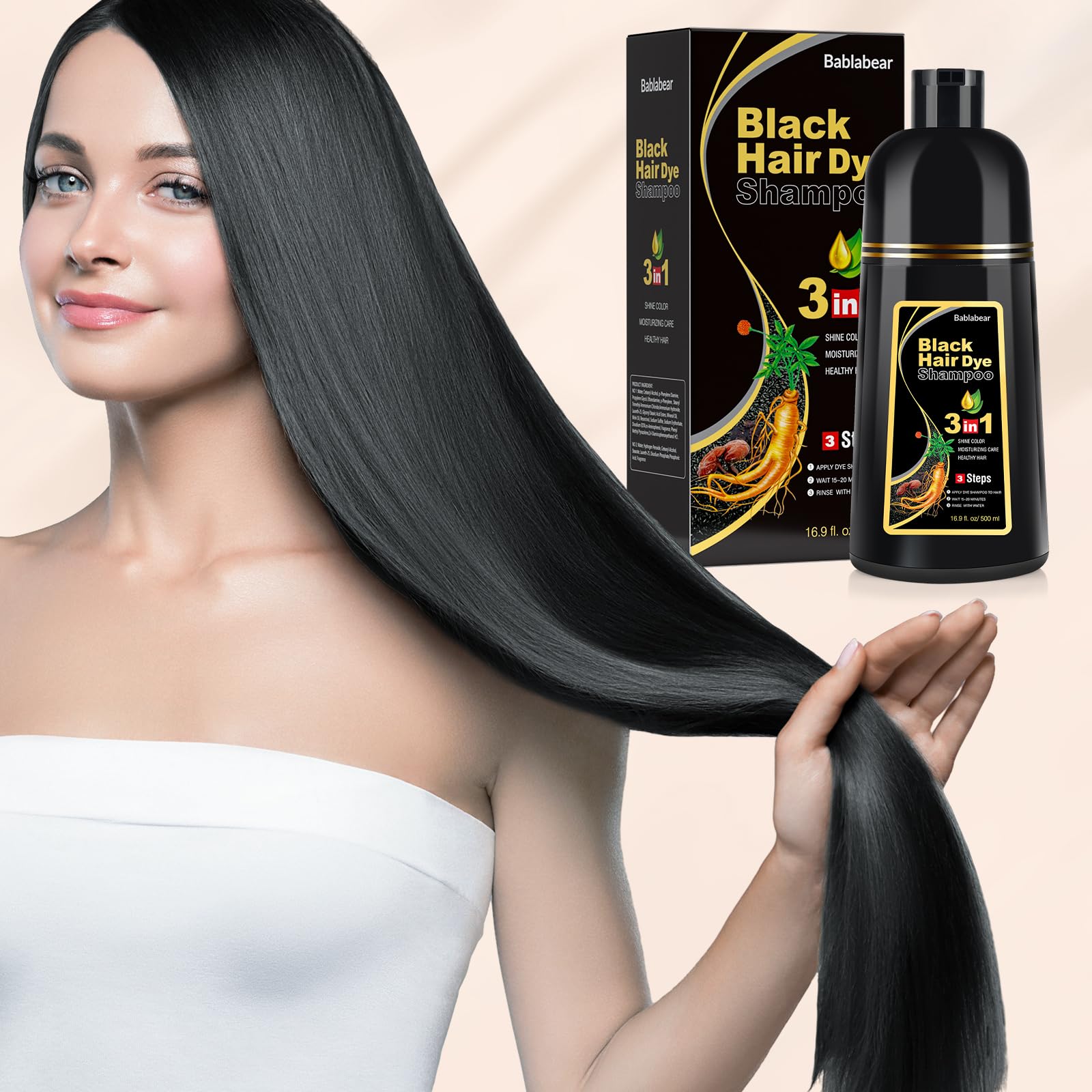 Bablabear Black Hair Dye Shampoo for Gray Hair,Hair Color Shampoo for Women and Men, Grey Coverage.500ml