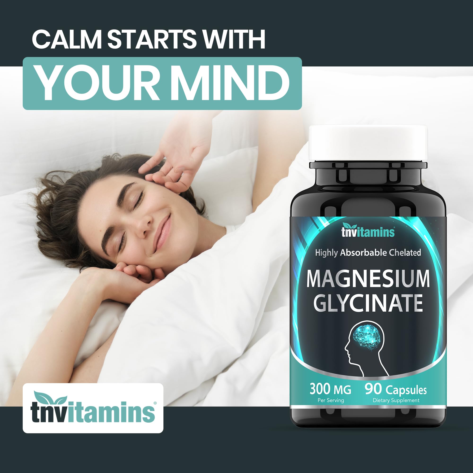 tnvitamins Magnesium Glycinate 300mg, 90 Capsules | High Absorption Chelated Magnesium for Sleep, Calm & Muscle Support* | Non-GMO, Gentle, Non-Laxative | TNVitamins