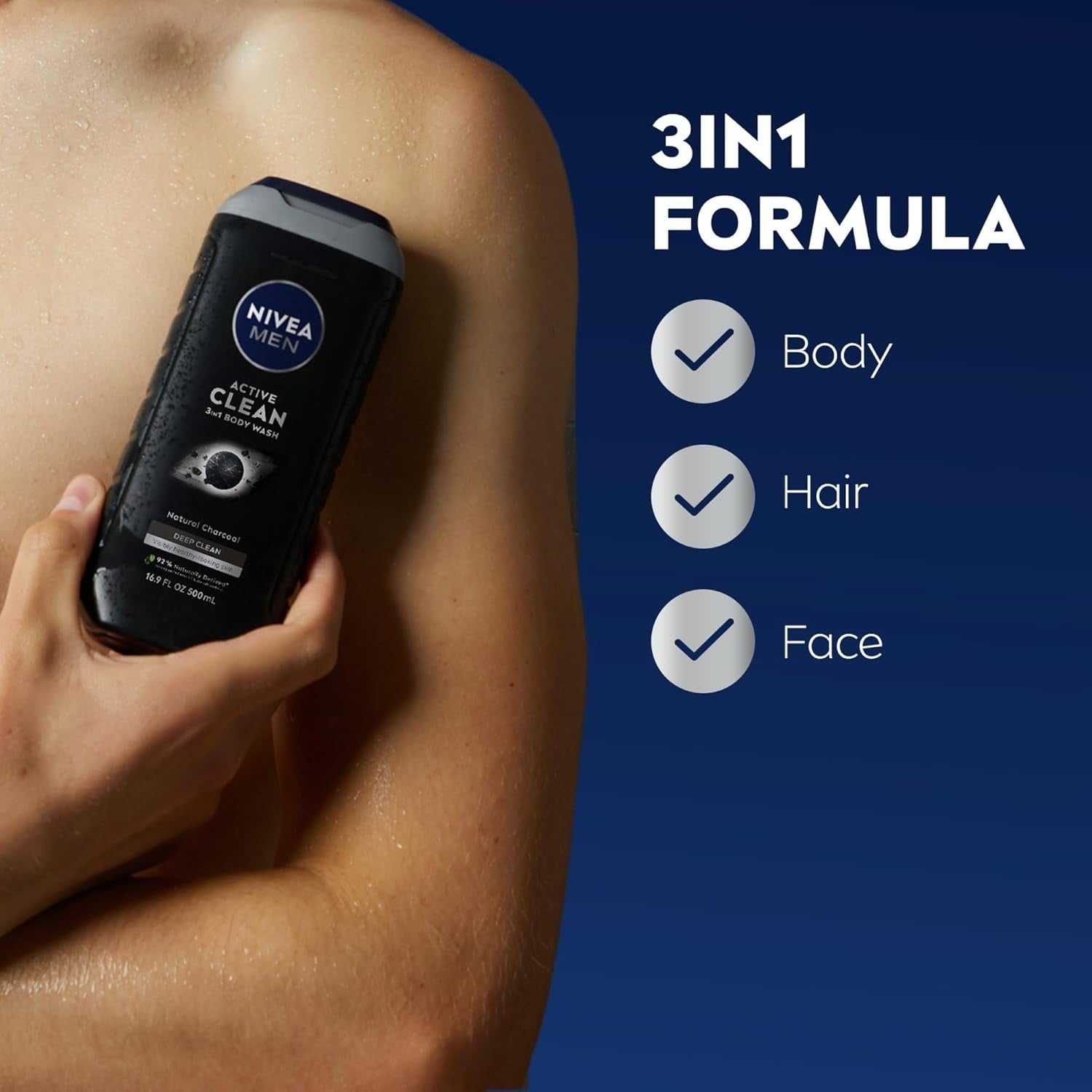 Buy now NIVEA Men Active Clean Body Wash with Natural Charcoal for Normal to Oily Skin, 3-in-1 Charcoal Body Wash, Face and Hair, Draws Out Dirt and Impurities, 16.9 Fl Oz Bottle, Pack of 3 at indiglob india