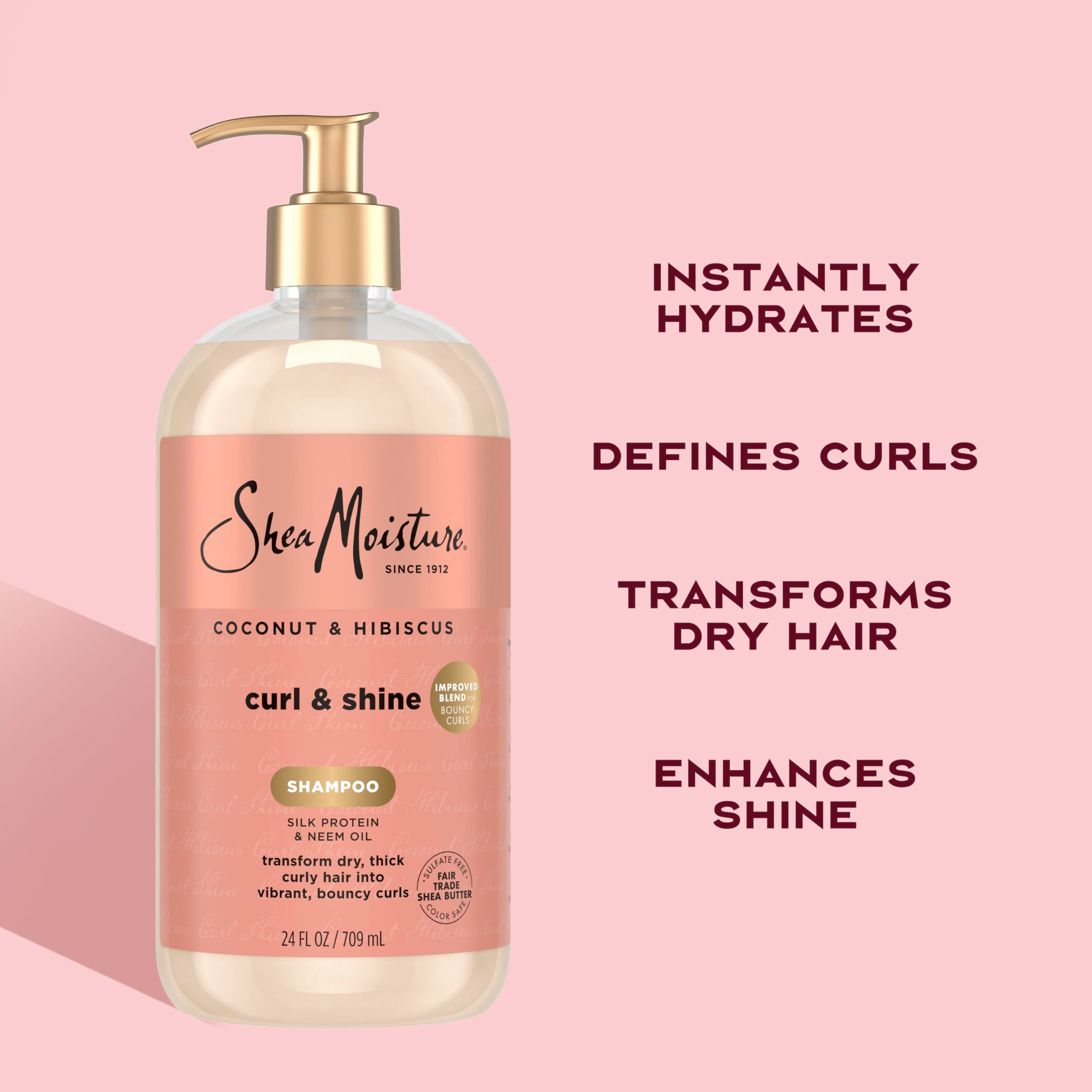 Shea Moisture Coconut & Hibiscus Shampoo for Curly Hair Hydrating 24oz | For curly hair - instantly hydrates, defines, and boosts shine with Coconut Oil, Neem Oil, and Silk Protein.
