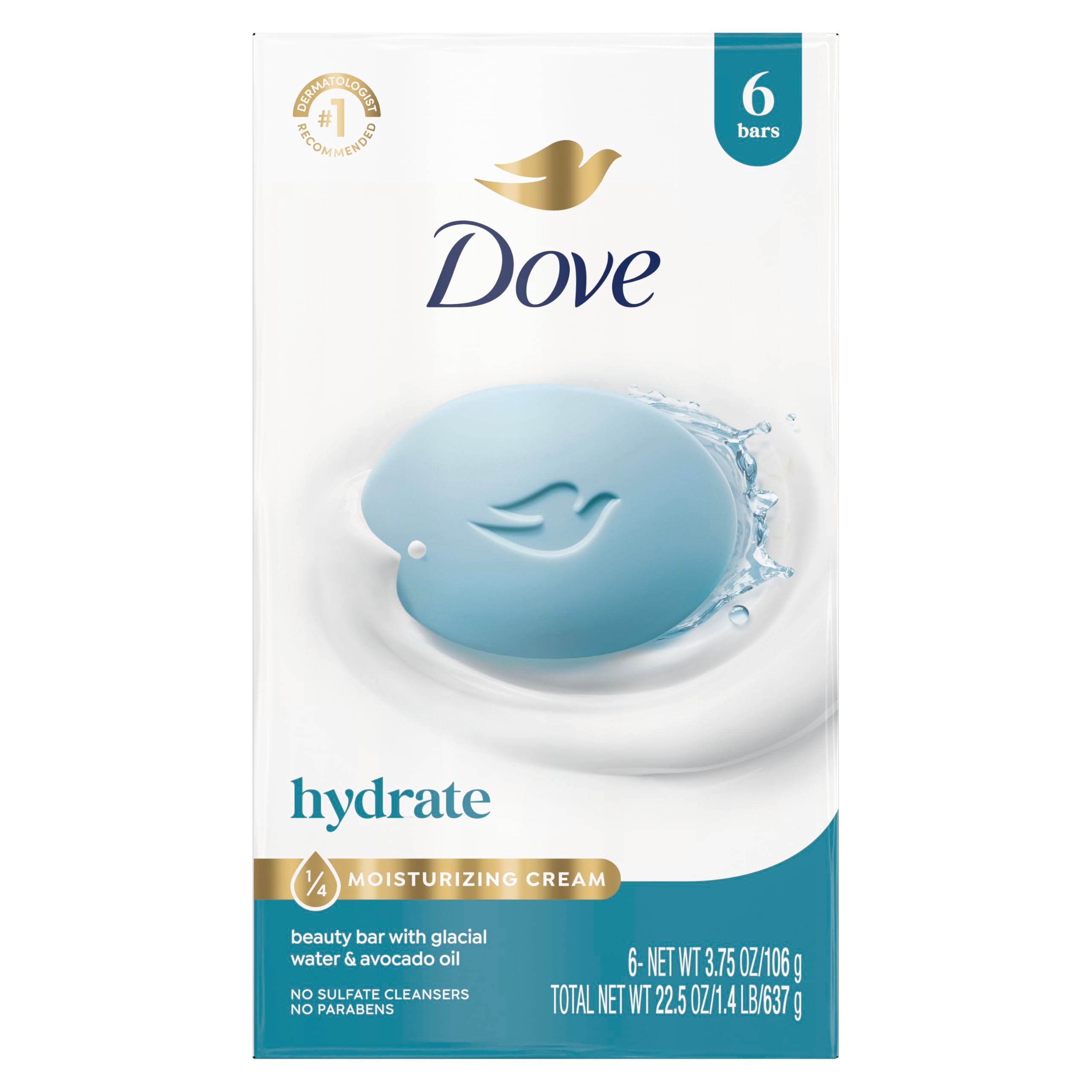 Dove Beauty Bar Soap , Glacial Water & Avocado Oil, I 6 Count 3.75 oz | Hydrating beauty bar with glacial water and avocado oil for refreshed, soft and healthy-looking skin