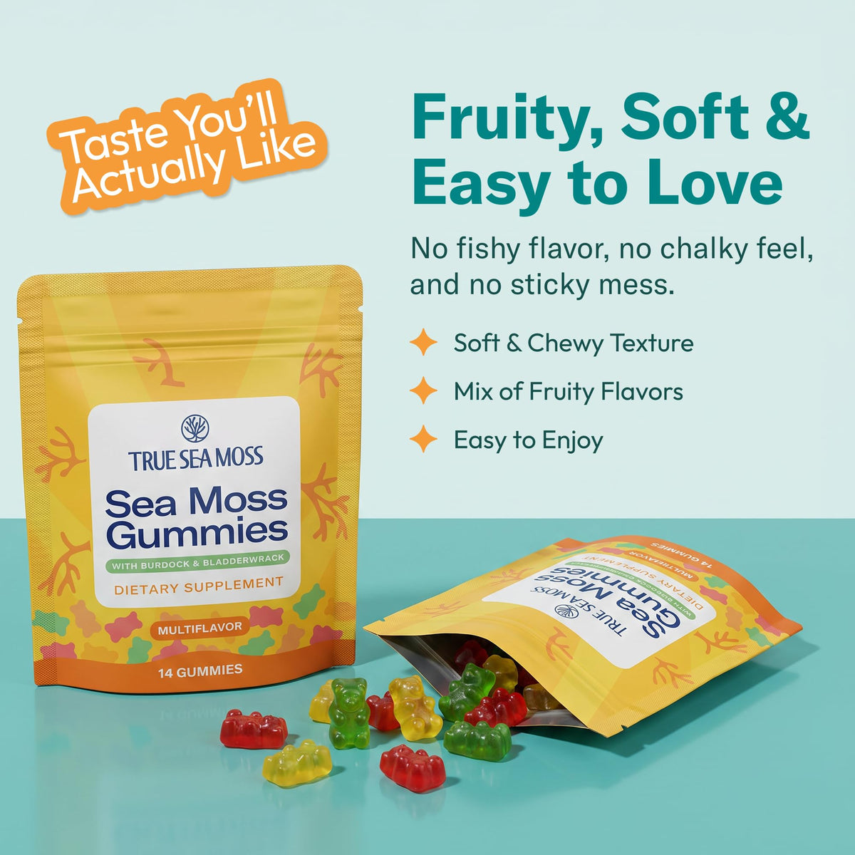 TrueSeaMoss Gummies Sample – 1200mg Irish Sea Moss + Bladderwrack & Burdock Root – Travel-Size, Fruity – 14 Gummies – Easy On-the-Go Wellness