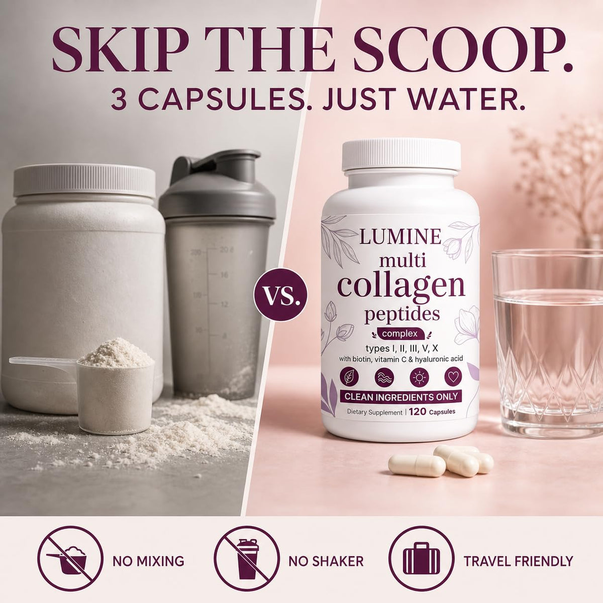 LUMINE Multi Collagen Complex Capsules, Collagen Peptides, Non-GMO Ingredients,Free from Gluten and Soy. Vegan-Friendly, 120Capsules / 60 Servings
