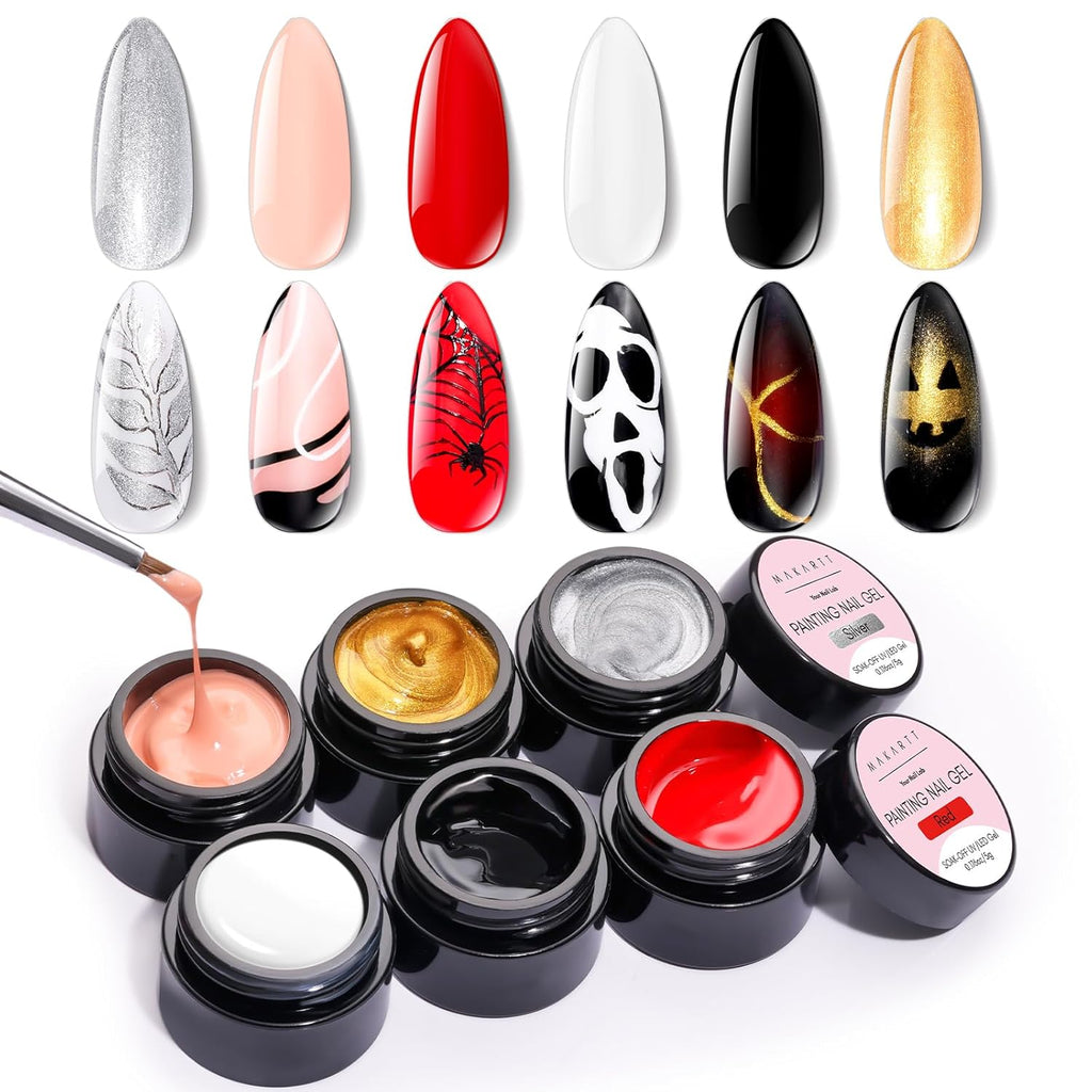 Buy now Makartt Gel Paint for Nail Art Set: 6 Colors No Wipe Solid Gel Polish for DIY Design at Home, Soak Off UV LED Manicure, Silver White Black Red Gold Nude White Pink Red Black Silver Gold at indiglob india