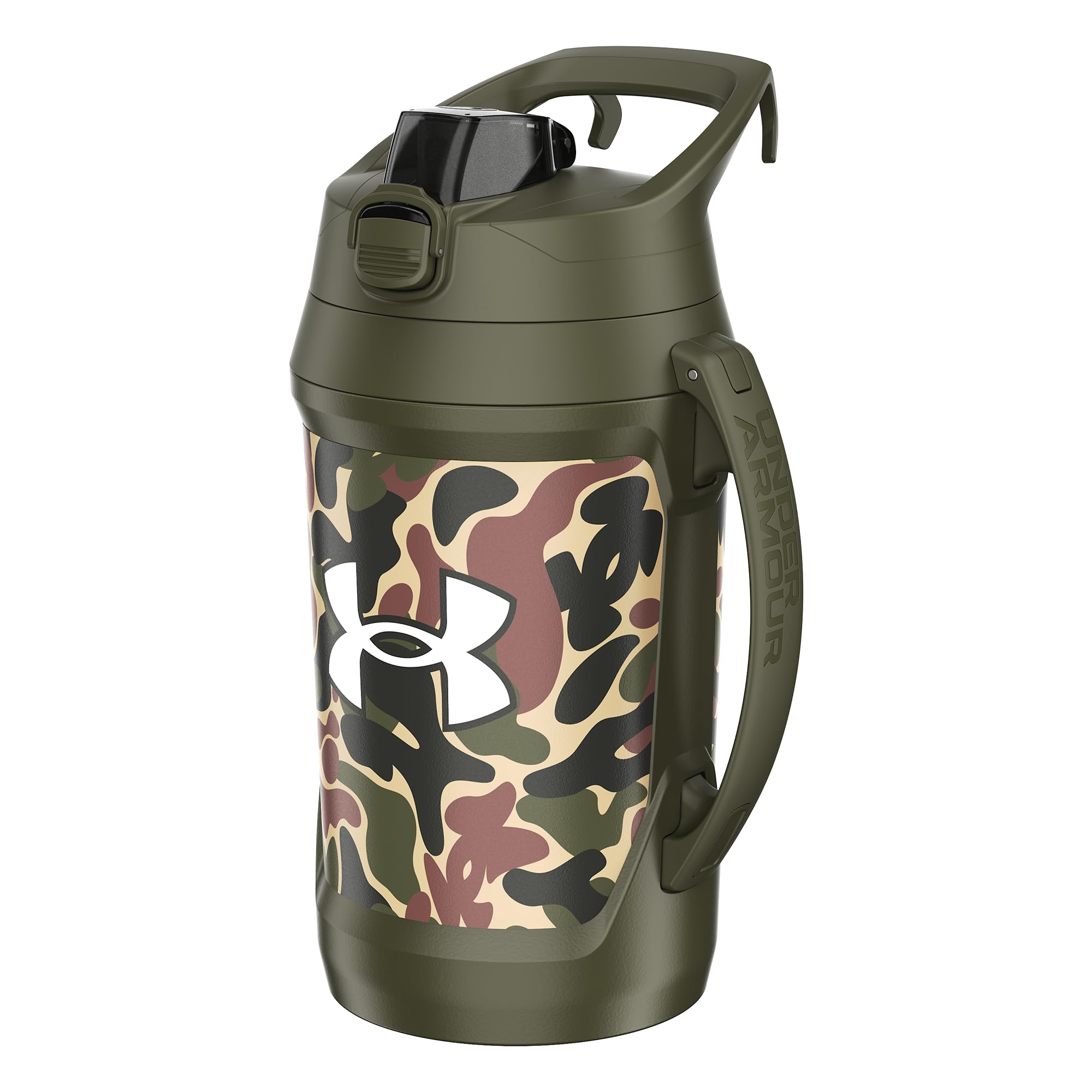 Buy now Under Armour Half Gallon Water Bottle Insulated, 64oz Insulated Water Bottle with Handle, Fence Hook, Leak Resistant, for Baseball, Football & More, Academy/Black Green Hyper Camo at indiglob india