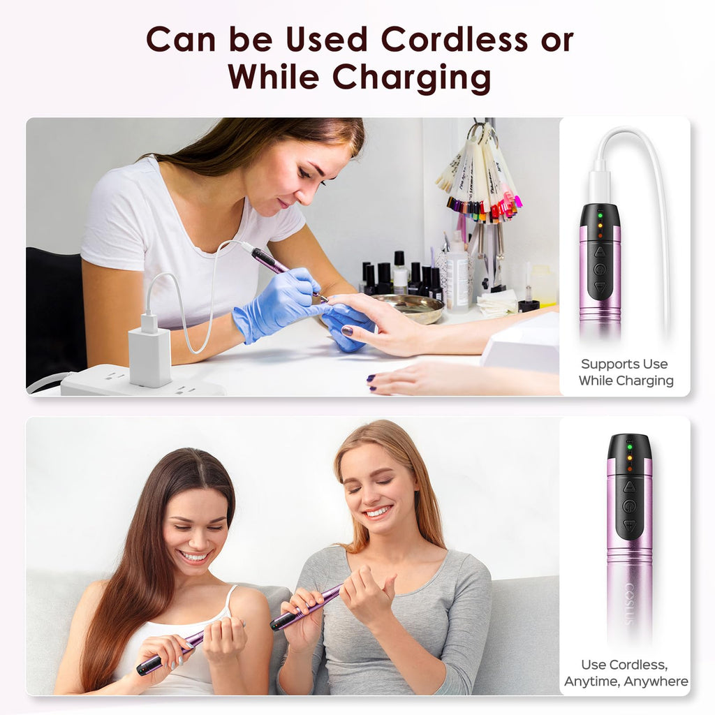 COSLUS C20 Cordless Nail Drill Electric File: Portable All-in-One Kit | Professional for Acrylic Gel Dip Powder Nails, Rechargeable Manicure & Pedicure Machine, Salon Home, Lightweight, Purple