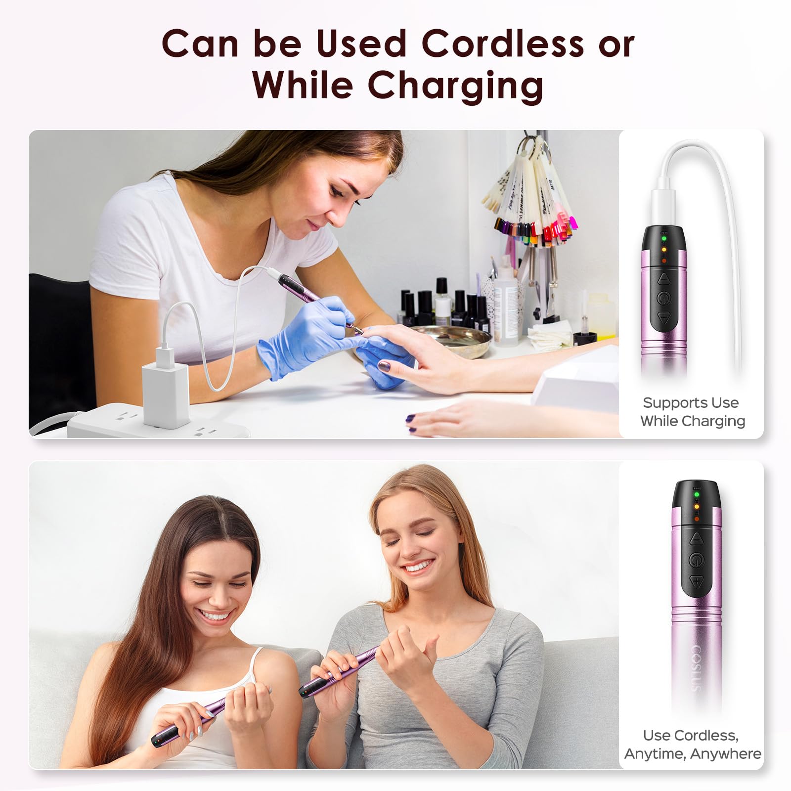 COSLUS C20 Cordless Nail Drill Electric File: Portable All-in-One Kit | Professional for Acrylic Gel Dip Powder Nails, Rechargeable Manicure & Pedicure Machine, Salon Home, Lightweight, Purple