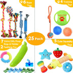 Aipper Dog Toys 25 Pack for Fun and Teeth Cleaning, Puppy Chew Toys Pack with Squeak Plush Toy,Squeaky Toy Balls,Tug of War and Rope Toys for Puppy to Small Dogs