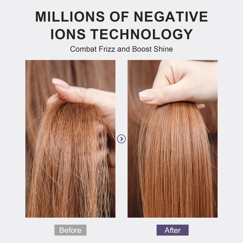 Experience smooth, shiny hair with our 4-in-1 Travel Dual Voltage Hair Dryer, showcasing frizz control and shine enhancement.