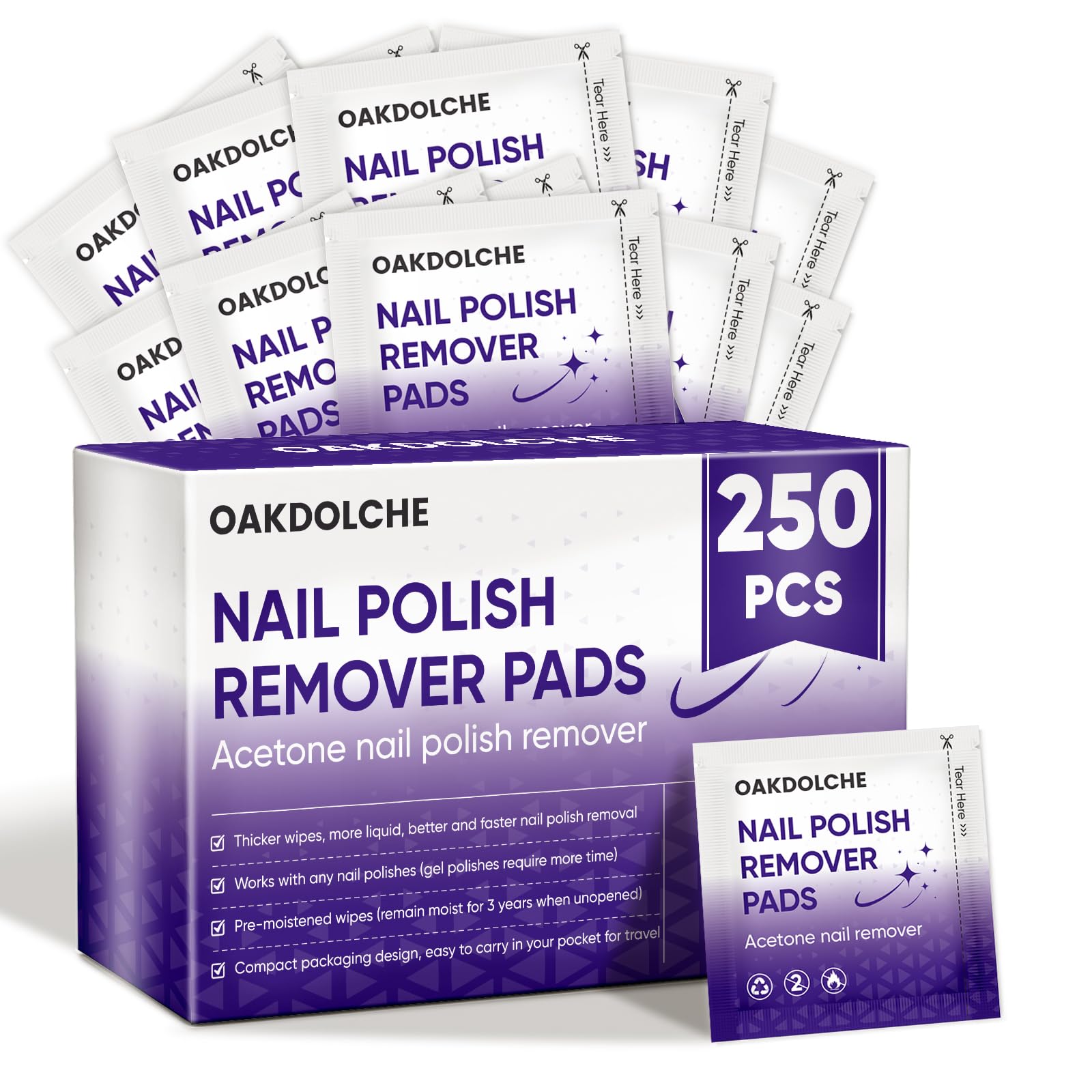 250P Bulk Acetone Nail Polish Remover Pads, Individually Wrapped | Travel-friendly, Quick & Effective for Gel & Fingernail Polish, ideal for home & salon use, great value pack & gift option