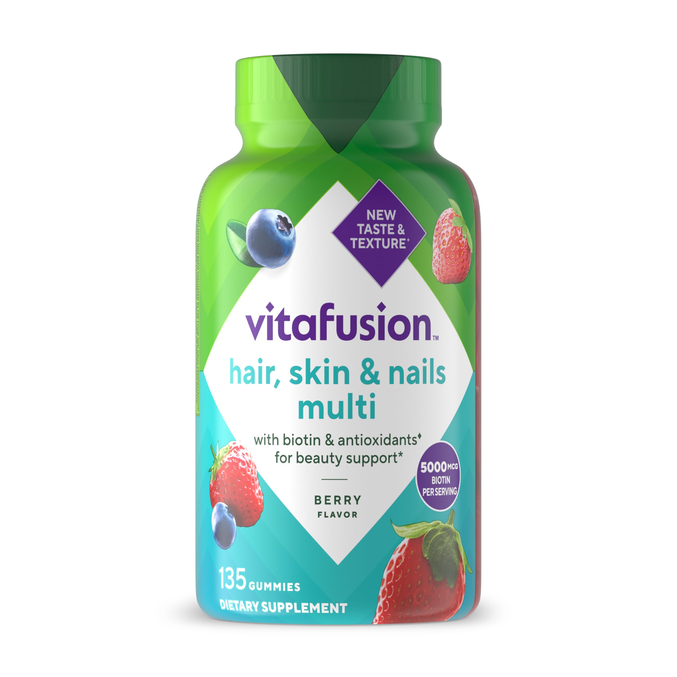 Vitafusion Hair Skin and Nails Vitamins | Biotin 5000mcg | 135 Gummies | for Women and Men | Berry Flavor | Gluten-Free Adult Gummy Multivitamin Supplement
