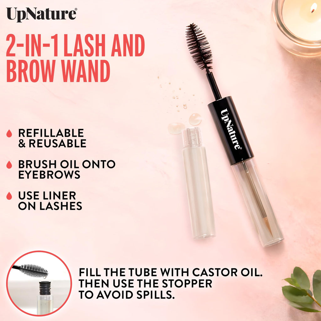 UpNature Castor Oil Eyelash & Eyebrow Growth Serum, USDA Organic, 2oz | Includes mascara wand & brow brush applicators - pure cold-pressed castor oil for lashes, eyebrows & hair growth