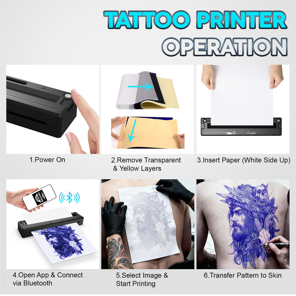 New Tattoo Stencil Printer - Fits A4-A8 Width Thermal Paper, Portable Wireless Bluetooth Thermal Tattoo Kit, Includes 10 Transfer Papers, for Artists & Beginners, Phones/Tablets/PC - Black