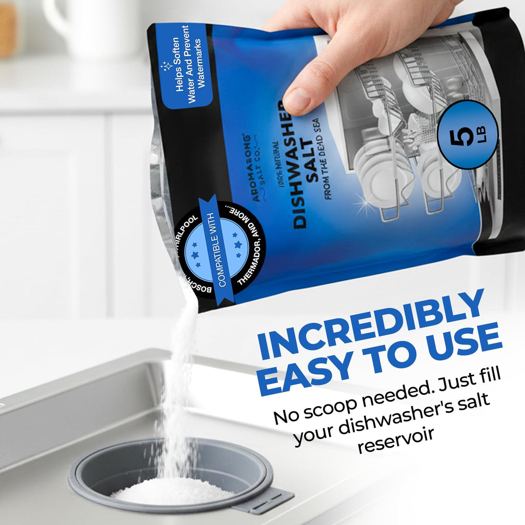 Aromasong Dishwasher Salt - 100% Natural Water Softening Agent for Cleaner Dishes & Washer Reactivation - Compatible with Bosch, Miele, Whirlpool, Thermador, and more - 5 LB.