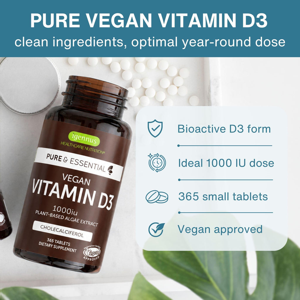 Igennus Natural Vegan Vitamin D3 1000IU, Clean Label, 365 Tablets