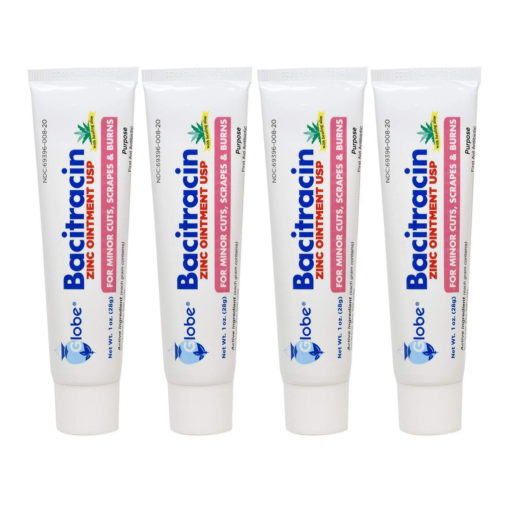 Globe Bacitracin Zinc Ointment with Aloe 1 oz, Antibiotic Ointment, 4 Pack