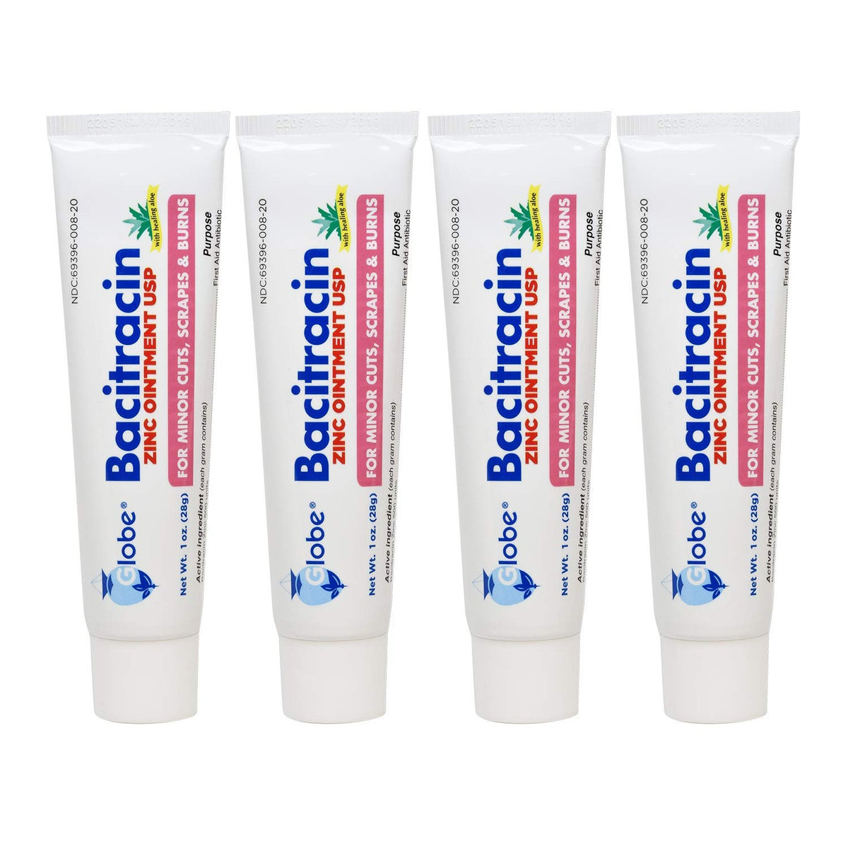 Globe Bacitracin Zinc Ointment with Aloe 1 oz, Antibiotic Ointment, 4 Pack