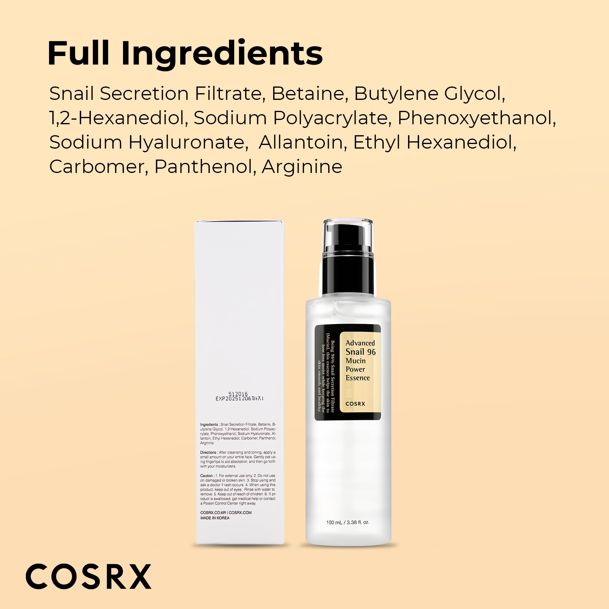 COSRX Snail Mucin 96% Repairing Serum for Sooothing & Hydrating 3.38 oz. | Snail Secretion Filtrate for Dull Skin & Fine Lines, Korean Skin Care