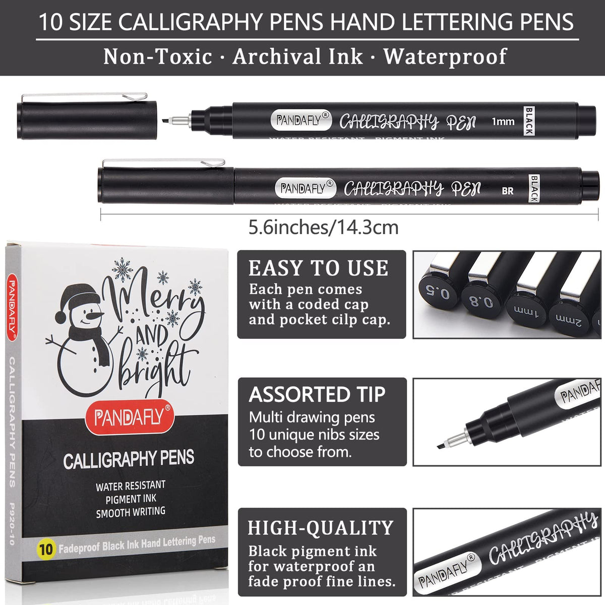 PANDAFLY Calligraphy Pens for Writing, 10 Size, Hand Lettering Pens