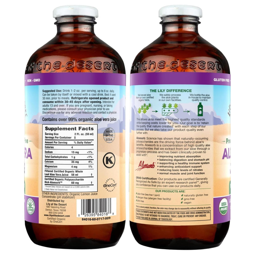 Lily of the Desert Aloe Vera Juice, Inner Fillet Filtered, Organic & Preservative Free – Natural Vitamins, Digestive Enzymes for Gut Health, Glowing Skin & Wellness, 16 Fl Oz