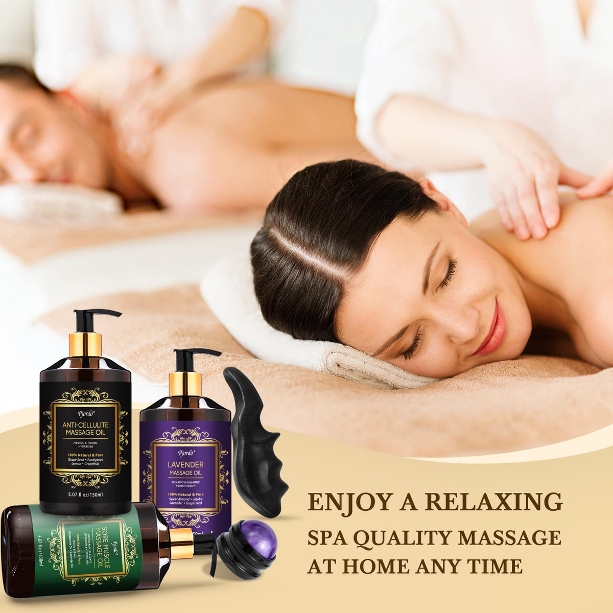 Pjordo 3 Pack Massage Oil for Massage Therapy, Lavender Oil for Relaxation, Sore Muscle Arnica Oil & Cellulite Massage Oil, with Massage Roller Ball & Thumb Saver Tool, Massage Kit for Him Her