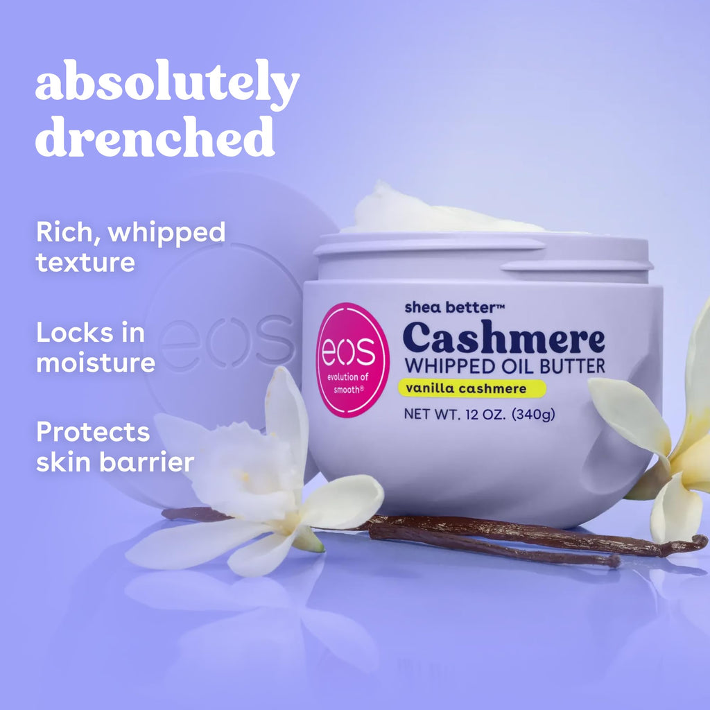 eos Cashmere Whipped Oil Body Butter, Vanilla Cashmere, 72 Hour Weightless Moisture For Dry Skin, Rich Formula and Deep Hydration, Body Care, 10 oz