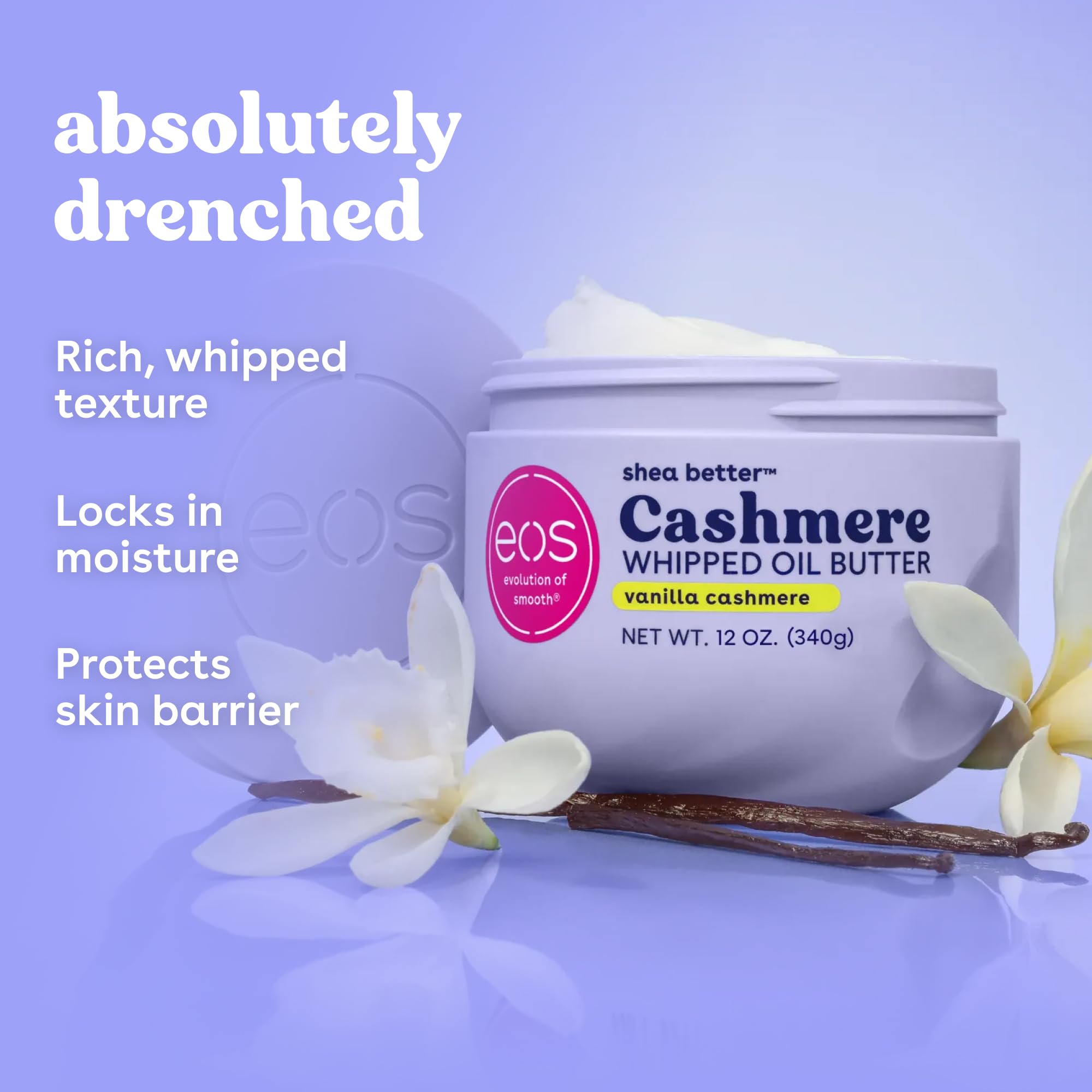 eos Cashmere Whipped Oil Body Butter, Vanilla Cashmere, 72 Hour Weightless Moisture For Dry Skin, Rich Formula and Deep Hydration, Body Care, 10 oz