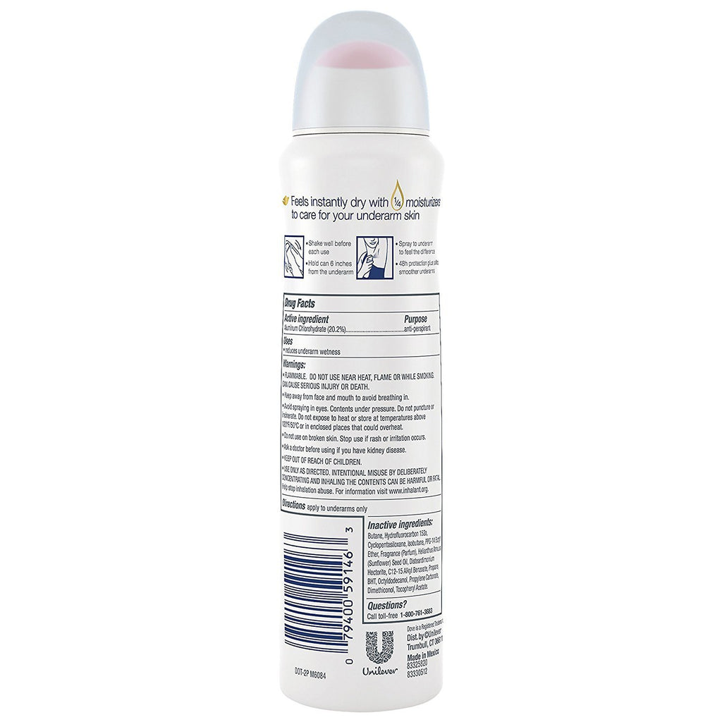 Dove Antiperspirant Dry Spray - Invisible - Clear Finish - 3.8 OZ (107 g) Per Can - Pack of 3 Cans