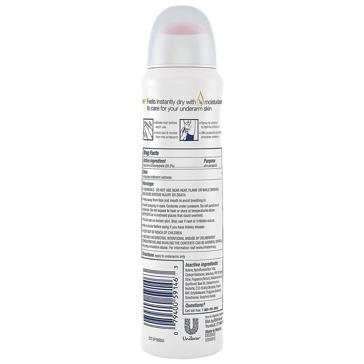 Dove Antiperspirant Dry Spray - Invisible - Clear Finish - 3.8 OZ (107 g) Per Can - Pack of 3 Cans