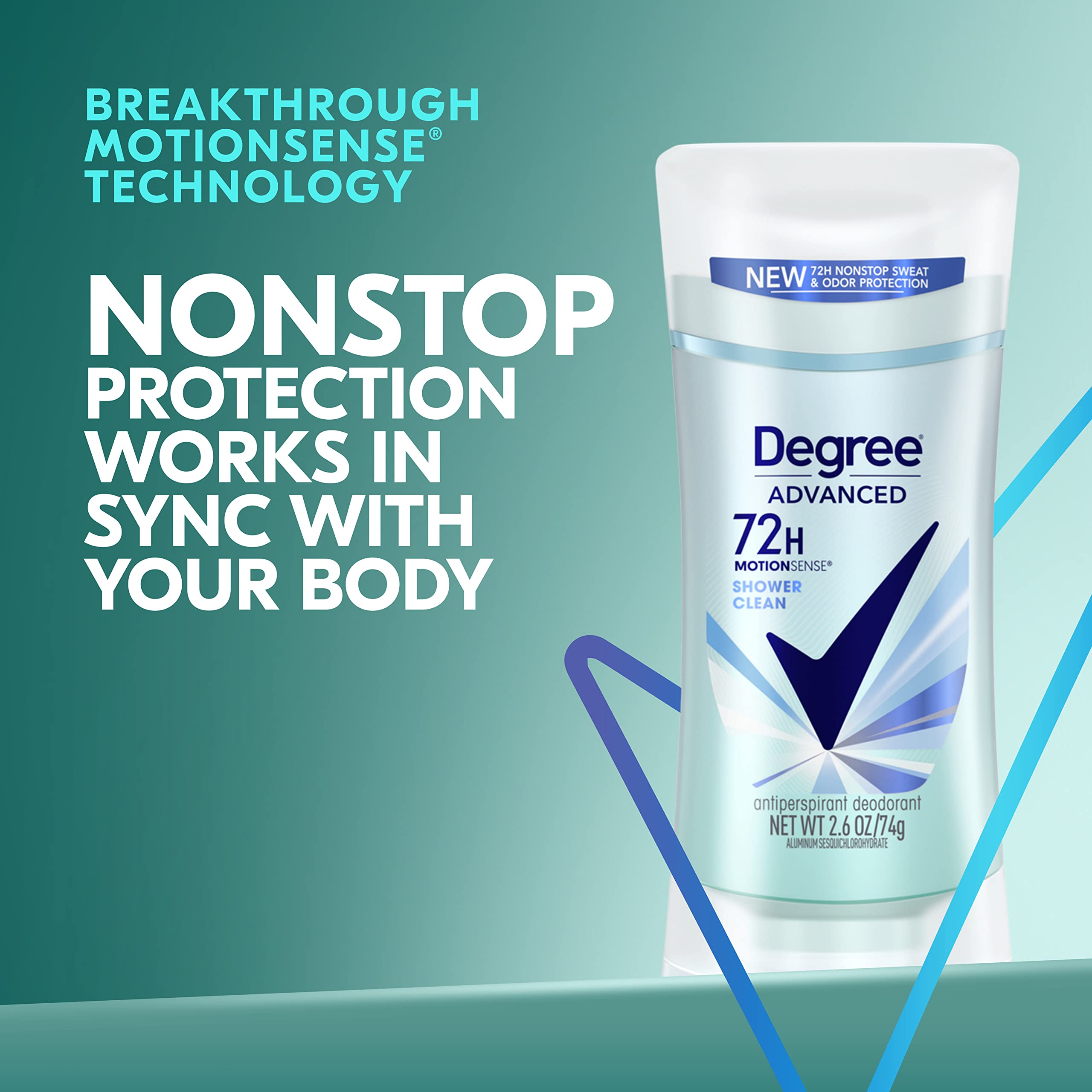 Degree Advanced Antiperspirant Deodorant 4 count 72-Hour Sweat & Odor Protection Shower Clean Antiperspirant for Women with MotionSense Technology 2.6 oz | For active days, Helps stay fresh & confident, With MotionSense, Shower Clean scent