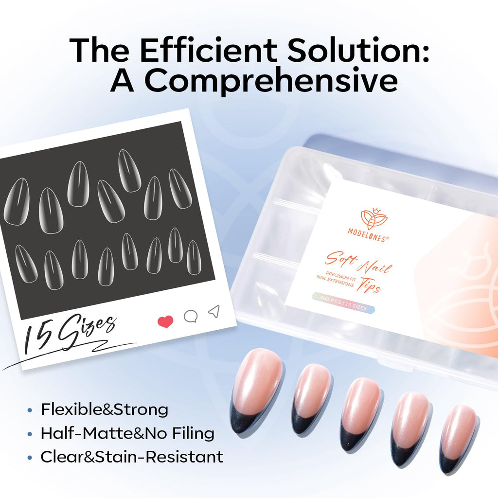 Modelones Short Almond Nail Tips, 360 pieces in 15 sizes. Flexible, stain-resistant, and no filing required. Order online today!